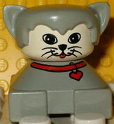 Duplo 2 x 2 x 2 Figure Brick, Cat, Light gray base with red collar, light gray hair, white face 