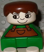 Duplo 2 x 2 x 2 Figure Brick, Green Base with Brown Overalls, Brown Hair, White Head 