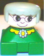 Duplo 2 x 2 x 2 Figure Brick, Grandmother, Green Base, Gray Hair, White Head, Yellow Collar with Flower 