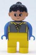 Duplo Figure, Female, Yellow Legs, Dark Gray Top with Yellow Zipper and Blue Arms, Black Ponytail 