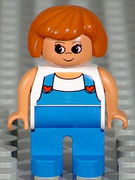 Duplo Figure, Female, Blue Legs, White Top with Blue Overalls with Red Hearts 