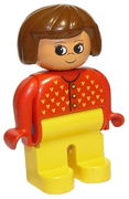 Duplo Figure, Female, Yellow Legs, Red Sweater with Yellow V Stitching, Brown Hair, Turned Up Nose 