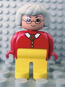 Duplo Figure, Female, Yellow Legs, Red Blouse with White Collar, Gray Hair, Glasses, Asian Eyes 