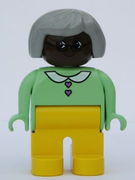 Duplo Figure, Female, Yellow Legs, Light Green Top with Heart Buttons, Gray Hair, Brown Head 