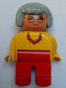 Duplo Figure, Female, Red Legs, Yellow Top with Red Necklace, Gray Hair, Glasses, no White in Eyes Pattern 