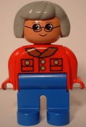 Duplo Figure, Female, Blue Legs, Red Jacket, Light Gray Hair, Glasses 