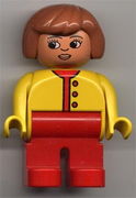 Duplo Figure, Female, Red Legs, Yellow Top Unbuttoned with Red Buttons, Fabuland Brown Hair 