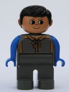 Duplo Figure, Male, Dark Gray Legs, Dark Gray Zippered Coat, Blue Arms, Black Hair 