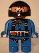 Duplo Figure, Male Action Wheeler, Blue Legs, Blue Jumpsuit with Parachute Straps, Black Racing Helmet 