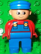 Duplo Figure, Male, Blue Legs, Red Top with Blue Overalls, Blue Cap, Turned Up Nose 