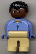 Duplo Figure, Male, Tan Legs, Blue Zippered Jacket, Black Curly Hair, Brown Head 