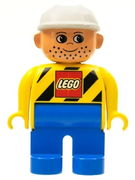 Duplo Figure, Male, Blue Legs, Yellow Top with Black Stripes and Lego Logo, Construction Hat White 