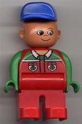 Duplo Figure, Male, Red Legs, Red Top with Octan Logo, Crooked Blue Hat 