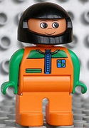 Duplo Figure, Male, Orange Legs, Orange Top with Racer Zipper, Green Arms, Black Helmet 