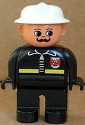 Duplo Figure, Male Fireman, Black Legs, Black Top with Fire Logo and Zipper, White Fire Helmet, Moustache 