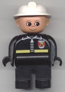 Duplo Figure, Male Fireman, Black Legs, Black Top with Fire Logo and Zipper, White Fire Helmet 