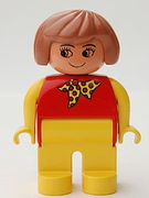 Duplo Figure, Female, Yellow Legs, Red Top with Yellow and Red Polka Dot Scarf, Yellow Arms, Fabuland Brown Hair, without Nose 