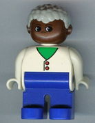 Duplo Figure, Male, Blue Legs, White Two Button Cardigan, Gray Hair, Brown Head 