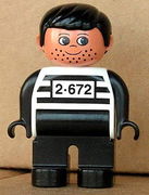 Duplo Figure, Male, Black Legs, White Top with 2-672 Number on Chest, Black Hair, Black Hands, Stubble (Jailbreak Joe) 