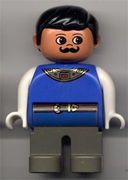 Duplo Figure, Male, Dark Gray Legs, Blue Top with Gold Necklace and Belt, Moustache (King) 