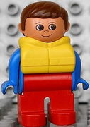 Duplo Figure, Male, Red Legs, Blue Top, Life Jacket, Brown Hair 