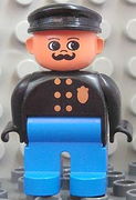 Duplo Figure, Male Police, Blue Legs, Black Top with Gold Badge, Black Hat, Turned Up Nose and Round Eyes 