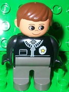 Duplo Figure, Male Police, Dark Gray Legs, Black Top with Zipper, Tie and Badge, Brown Hair 