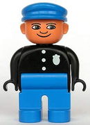 Duplo Figure, Male Police, Blue Legs, Black Top with 3 Buttons and Badge, Blue Hat 