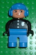 Duplo Figure, Male Police, Blue Legs, Black Top with 3 Buttons and Badge, Blue Aviator Helmet and Nose Bow Line Up 