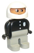 Duplo Figure, Male Police, Light Gray Legs, Black Top with 3 Buttons and Badge, White Racing Helmet 