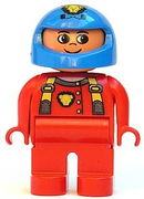 Duplo Figure, Male, Red Legs, Red Top with Cat Eye Racer Logo, Blue Helmet 