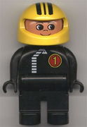 Duplo Figure, Male, Black Legs, Black Top with White Zipper and Racer #1, Yellow Helmet with Black Stripes 