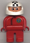 Duplo Figure, Male, Red Legs, Red Top with Black Zipper and Racer #2, White Helmet with Checkered Stripe 