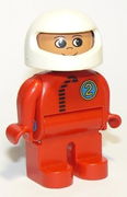 Duplo Figure, Male, Red Legs, Red Top with Black Zipper and Racer #2, White Helmet 