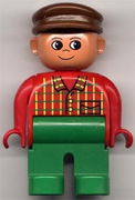 Duplo Figure, Male, Green Legs, Red Top Plaid, Brown Cap 