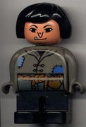 Duplo Figure, Female, Black Legs, Dark Gray Top with Blue Patches, Black Hair, Wart on Nose, Tooth 