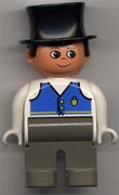 Duplo Figure, Male, Dark Gray Legs, White Top with Blue Vest with Pocket and Two Buttons, Black Top Hat 