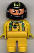 Duplo Figure, Male, Yellow Legs, Yellow Top with Green Racer Suspenders, Black Helmet with Stripes and Bear Pattern 