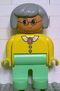 Duplo Figure, Female, Medium Green Legs, Yellow Blouse with Collar, Gray Hair, Glasses 