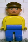 Duplo Figure, Male, Blue Legs, Yellow Top, Brown Cap, no White in Eyes Pattern 