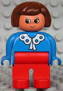 Duplo Figure, Female, Red Legs, Blue Blouse with White Lace Trim, Brown Hair 