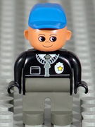 Duplo Figure, Male Police, Dark Gray Legs, Black Top with Zipper, Tie and Badge, Blue Cap 