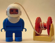 Duplo Figure, Male, Blue Legs, Blue Top, White Helmet, Hose and Red Reel 