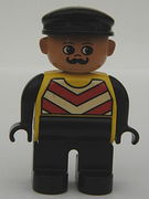 Duplo Figure, Male, Black Legs, Yellow Chevron Vest, Black Arms, Black Cap 