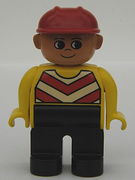 Duplo Figure, Male, Black Legs, Chevron Vest, Yellow Arms, Construction Hat Red 