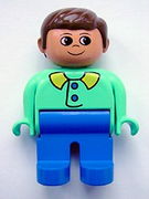 Duplo Figure, Male, Blue Legs, Medium Green Top with Blue Buttons, Brown Hair 