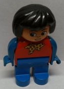 Duplo Figure, Female, Blue Legs, Red Top with Yellow and Red Polka Dot Scarf, Blue Arms, Black Hair, Turned Down Nose 