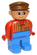 Duplo Figure, Male, Blue Legs, Red Top Plaid, Brown Cap 