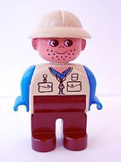 Duplo Figure, Male, Brown Legs, Tan Top, Blue Arms, Tan Pith Helmet, Facial Stubble 