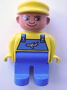 Duplo Figure, Male, Blue Legs, Yellow Top with Blue Overalls with Airplane, Yellow Cap 